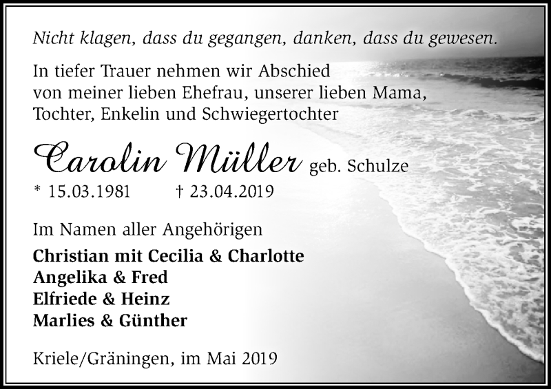  Traueranzeige für Carolin Müller vom 27.04.2019 aus Märkischen Allgemeine Zeitung