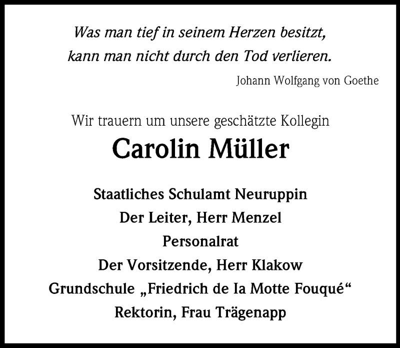  Traueranzeige für Carolin Müller vom 03.05.2019 aus Märkischen Allgemeine Zeitung