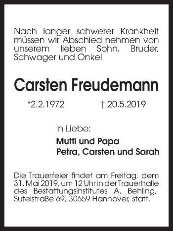 Traueranzeige von Carsten Freudemann von Hannoversche Allgemeine Zeitung/Neue Presse
