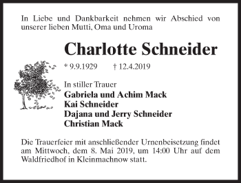 Traueranzeige von Charlotte Schneider von Märkischen Allgemeine Zeitung