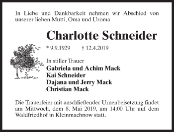 Traueranzeige von Charlotte Schneider von Märkischen Allgemeine Zeitung