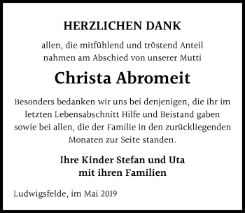 Traueranzeige von Christa Abromeit von Märkischen Allgemeine Zeitung