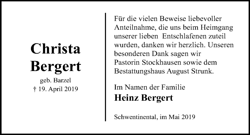  Traueranzeige für Christa Bergert vom 11.05.2019 aus Kieler Nachrichten