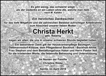 Traueranzeige von Christa Herkt von Ostsee-Zeitung GmbH