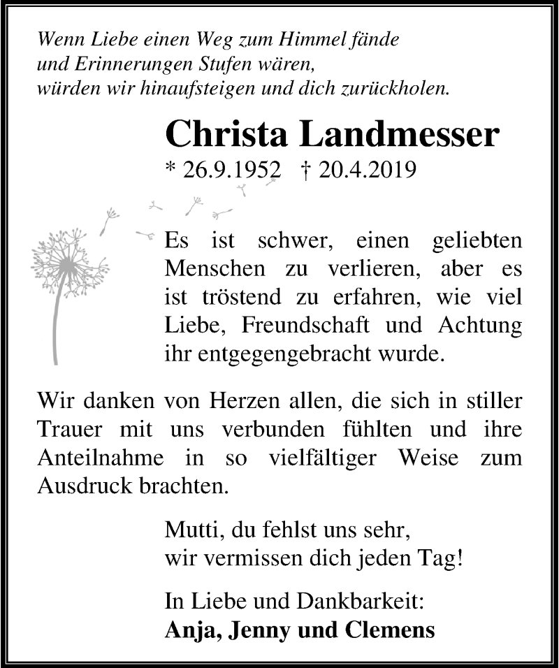  Traueranzeige für Christa Landmesser vom 25.05.2019 aus Ostsee-Zeitung GmbH