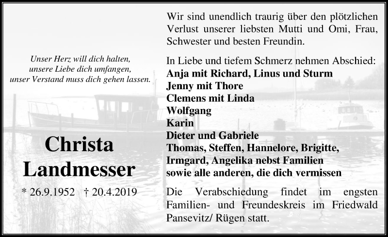  Traueranzeige für Christa Landmesser vom 04.05.2019 aus Ostsee-Zeitung GmbH