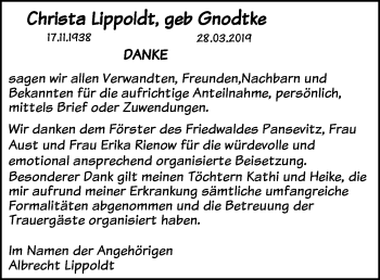 Traueranzeige von Christa Lippoldt von Ostsee-Zeitung GmbH