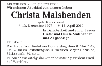 Traueranzeige von Christa Malsbenden von Kieler Nachrichten