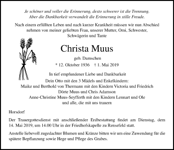 Traueranzeige von Christa Muus von Lübecker Nachrichten