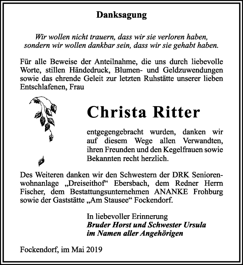 Traueranzeigen von Christa Ritter | trauer-anzeigen.de