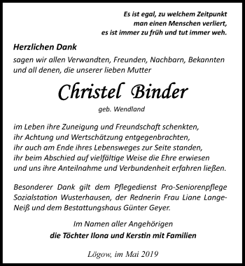 Traueranzeige von Christel Binder von Märkischen Allgemeine Zeitung