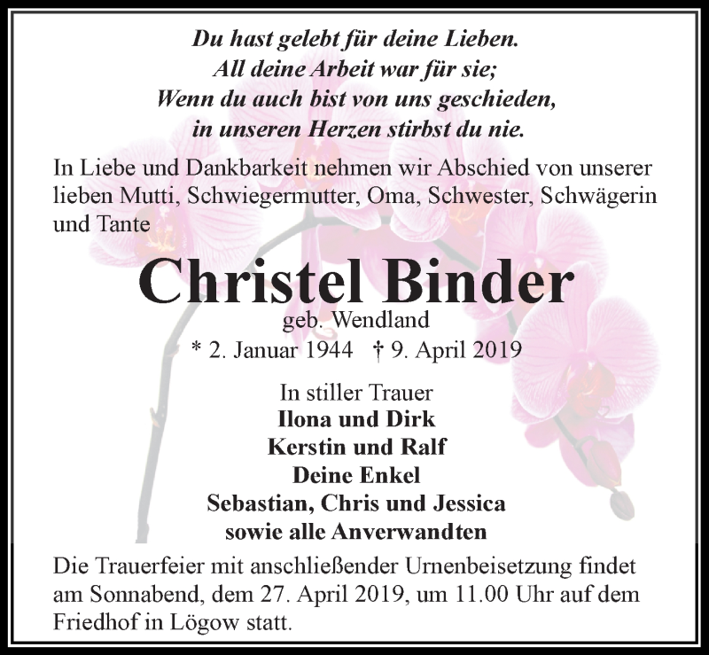  Traueranzeige für Christel Binder vom 20.04.2019 aus Märkischen Allgemeine Zeitung