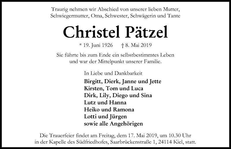  Traueranzeige für Christel Pätzel vom 11.05.2019 aus Kieler Nachrichten