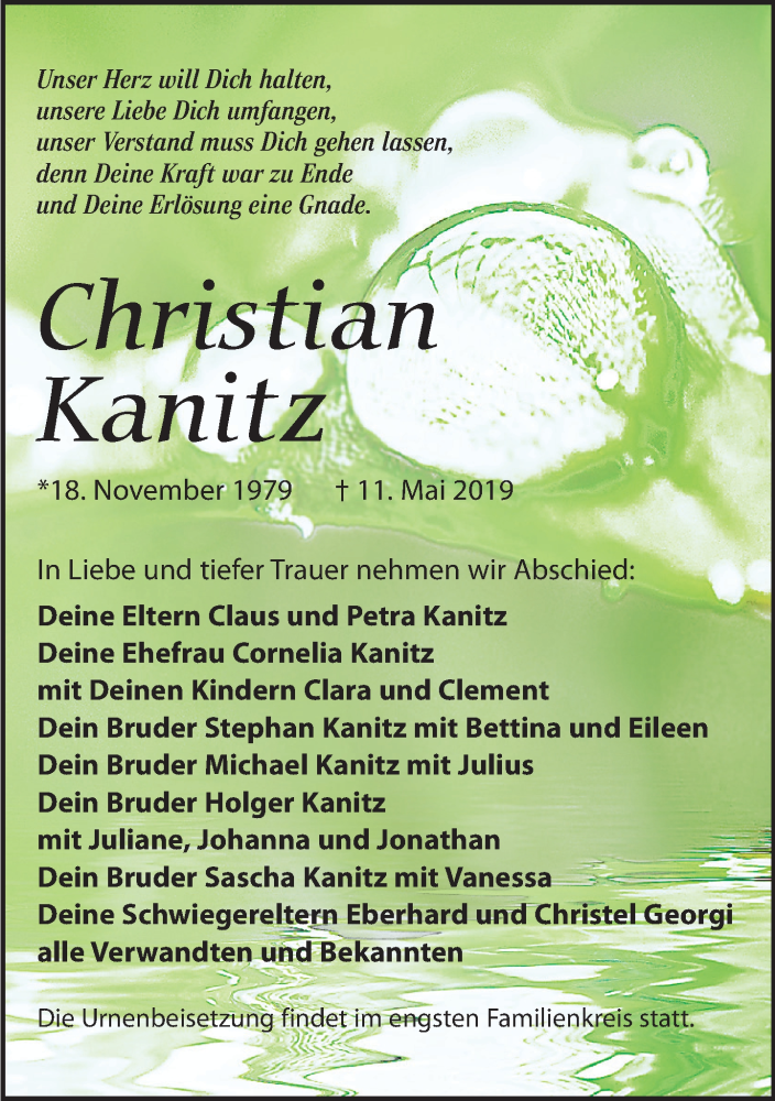  Traueranzeige für Christian Kanitz vom 18.05.2019 aus Leipziger Volkszeitung