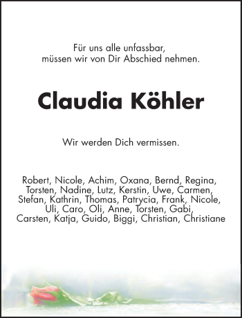 Traueranzeige von Claudia Köhler von Hannoversche Allgemeine Zeitung/Neue Presse
