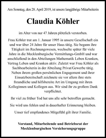 Traueranzeige von Claudia Köhler von Hannoversche Allgemeine Zeitung/Neue Presse