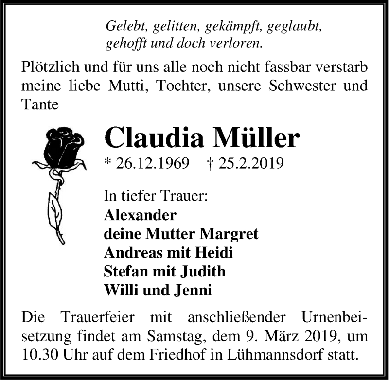  Traueranzeige für Claudia Müller vom 02.03.2019 aus Ostsee-Zeitung GmbH