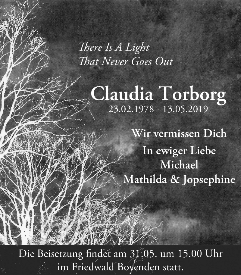  Traueranzeige für Claudia Torborg vom 25.05.2019 aus Göttinger Tageblatt