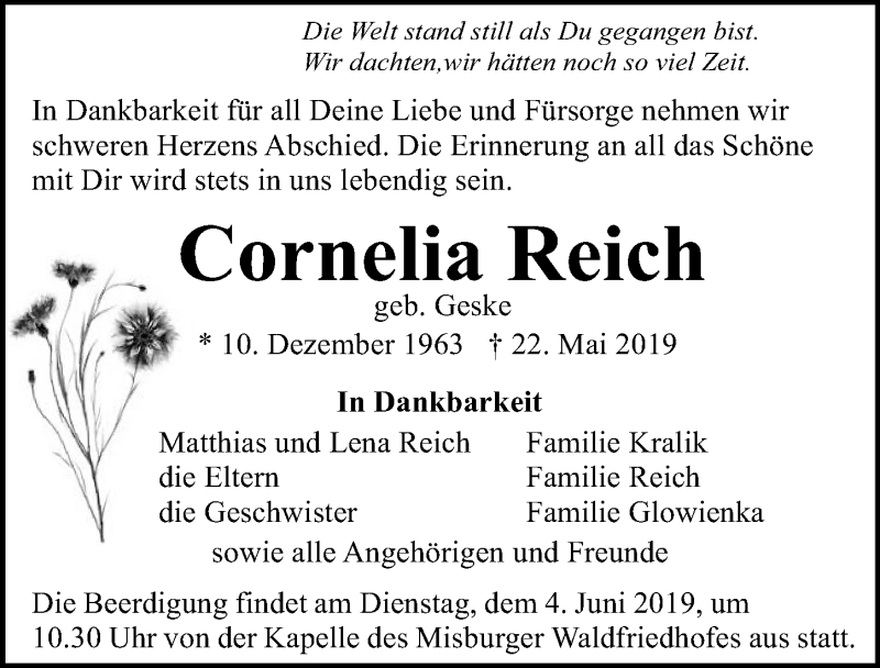  Traueranzeige für Cornelia Reich vom 25.05.2019 aus Hannoversche Allgemeine Zeitung/Neue Presse