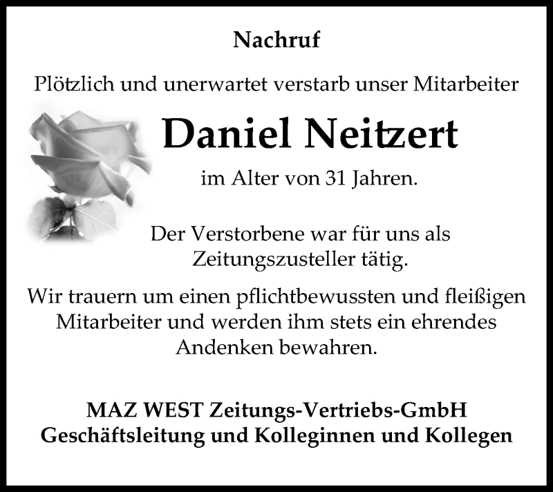  Traueranzeige für Daniel Neitzert vom 02.05.2019 aus Märkischen Allgemeine Zeitung