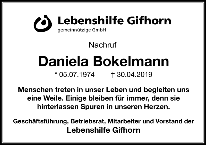  Traueranzeige für Daniela Bokelmann vom 10.05.2019 aus Aller Zeitung