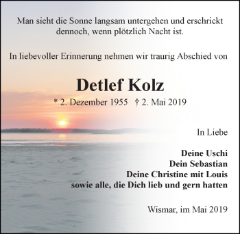Traueranzeige von Detlef Kolz von Ostsee-Zeitung GmbH