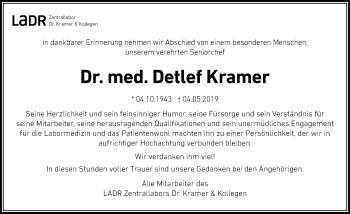 Traueranzeige von Detlef Kramer von Lübecker Nachrichten