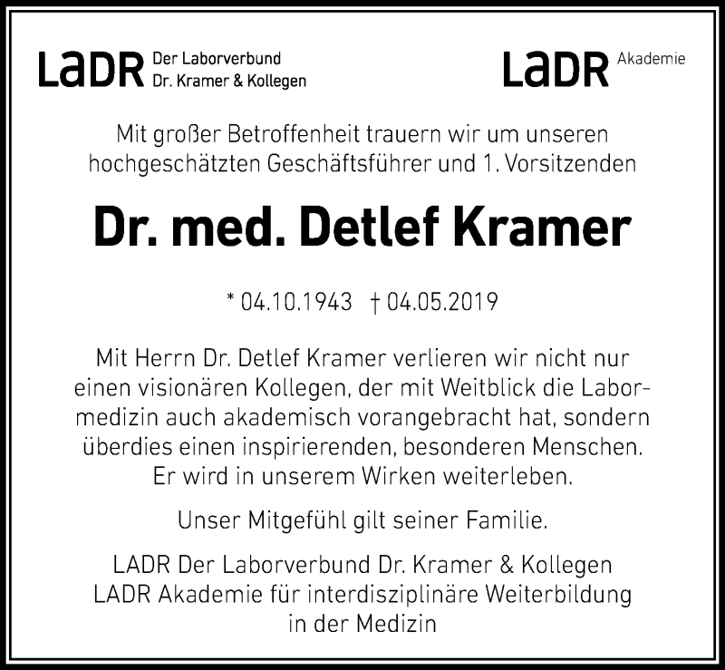  Traueranzeige für Detlef Kramer vom 11.05.2019 aus Lübecker Nachrichten