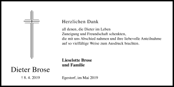 Traueranzeige von Dieter Brose von Hannoversche Allgemeine Zeitung/Neue Presse