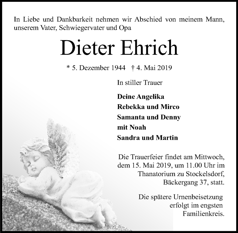  Traueranzeige für Dieter Ehrich vom 12.05.2019 aus Lübecker Nachrichten