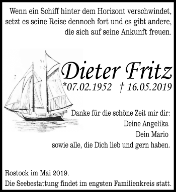 Traueranzeige von Dieter Fritz von Ostsee-Zeitung GmbH