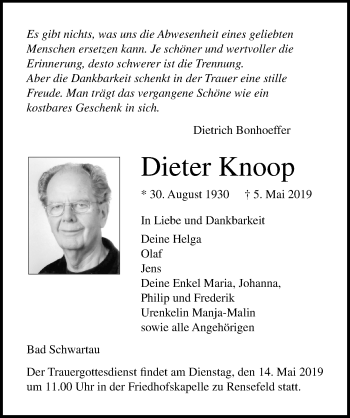 Traueranzeige von Dieter Knoop von Lübecker Nachrichten