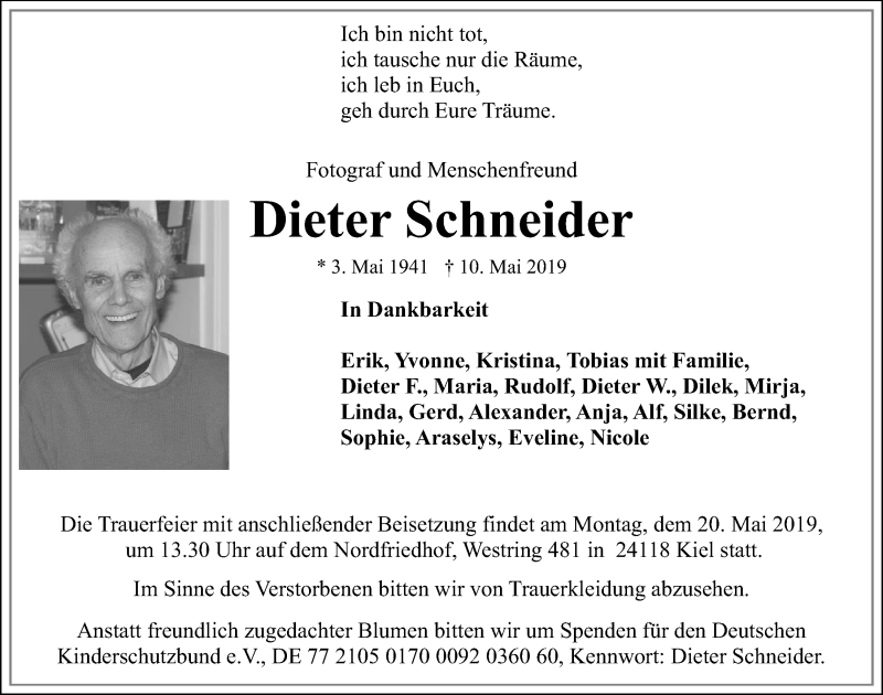  Traueranzeige für Dieter Schneider vom 18.05.2019 aus Kieler Nachrichten