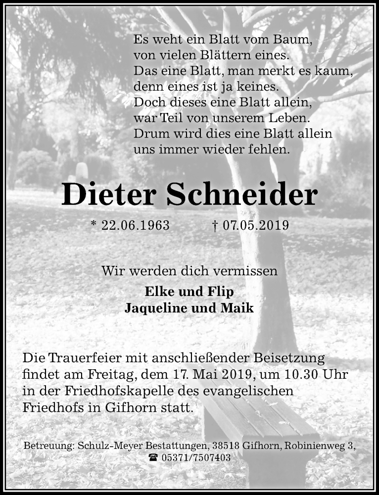  Traueranzeige für Dieter Schneider vom 14.05.2019 aus Aller Zeitung