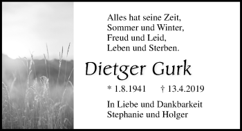 Traueranzeige von Dietger Gurk von Lübecker Nachrichten