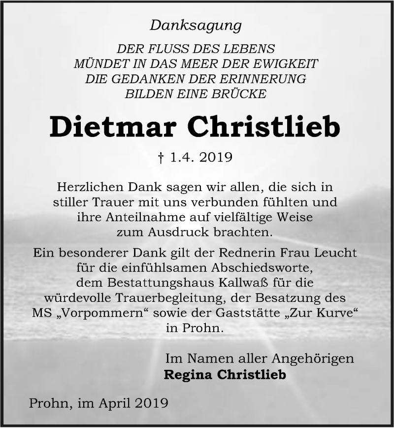  Traueranzeige für Dietmar Christlieb vom 04.05.2019 aus Ostsee-Zeitung GmbH