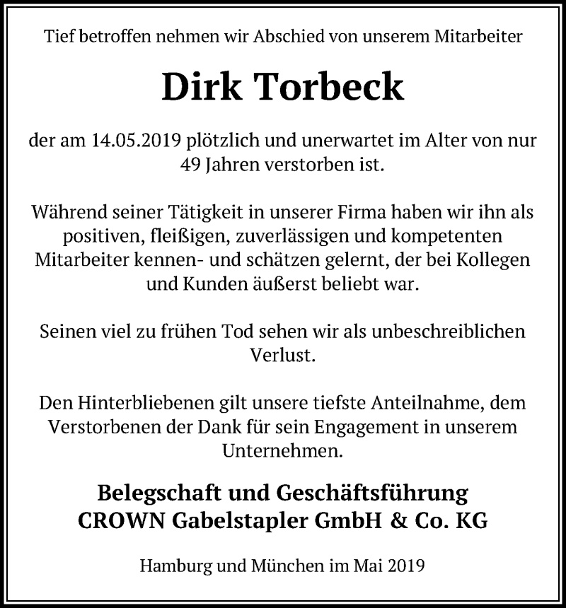  Traueranzeige für Dirk Torbeck vom 26.05.2019 aus Lübecker Nachrichten
