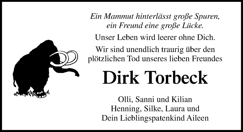  Traueranzeige für Dirk Torbeck vom 26.05.2019 aus Lübecker Nachrichten