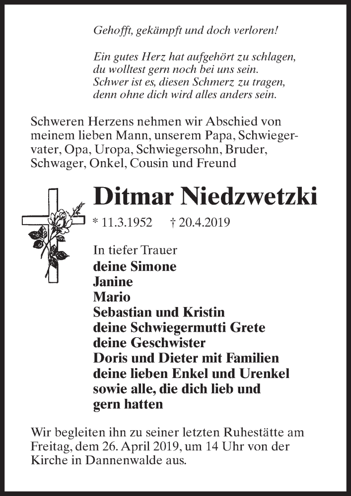  Traueranzeige für Ditmar Niedzwetzki vom 24.04.2019 aus Märkischen Allgemeine Zeitung