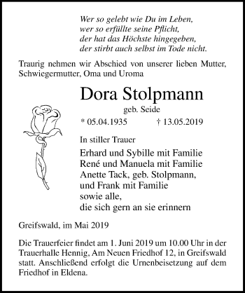 Traueranzeige von Dora Stolpmann von Ostsee-Zeitung GmbH