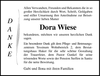 Traueranzeige von Dora Wiese von Ostsee-Zeitung GmbH