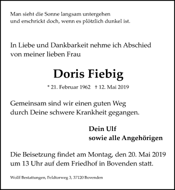 Traueranzeige von Doris Fiebig von Göttinger Tageblatt