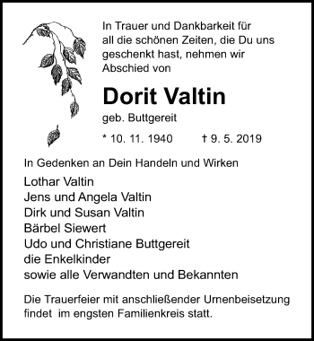 Traueranzeige von Dorit Valtin von Ostsee-Zeitung GmbH