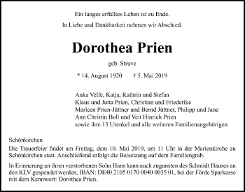 Traueranzeige von Dorothea Prien von Kieler Nachrichten