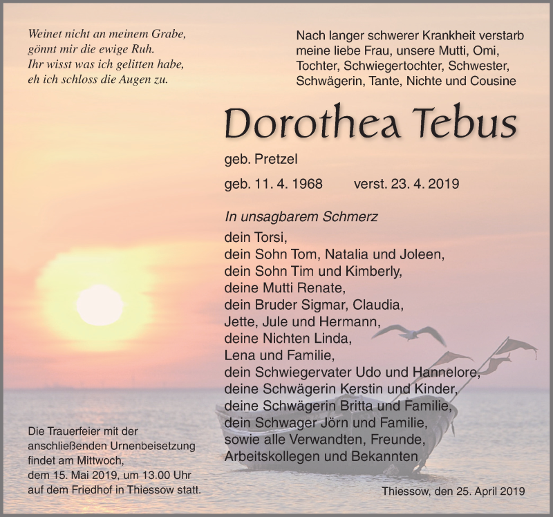  Traueranzeige für Dorothea Tebus vom 04.05.2019 aus Ostsee-Zeitung GmbH