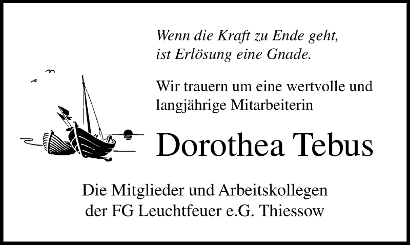 Traueranzeige für Dorothea Tebus vom 11.05.2019 aus Ostsee-Zeitung GmbH
