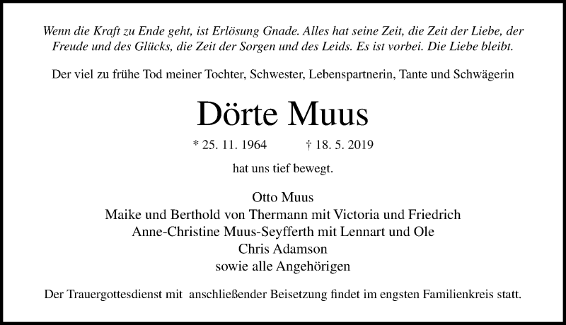  Traueranzeige für Dörte Muus vom 26.05.2019 aus Lübecker Nachrichten