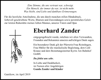 Traueranzeige von Eberhard Zander von Märkischen Allgemeine Zeitung