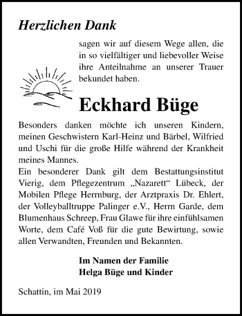 Traueranzeige von Eckhard Büge von Ostsee-Zeitung GmbH