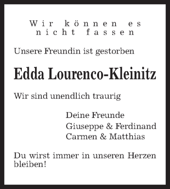 Traueranzeige von Edda Lourenco-Kleinitz von Hannoversche Allgemeine Zeitung/Neue Presse